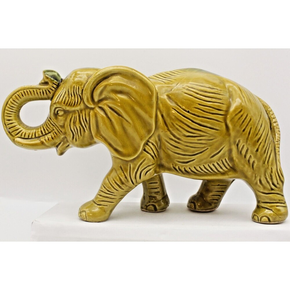 Ceramic Elephant Figurine Japan Walking Pachyderm Wrinkles Tusks 9.5 inches  VTG